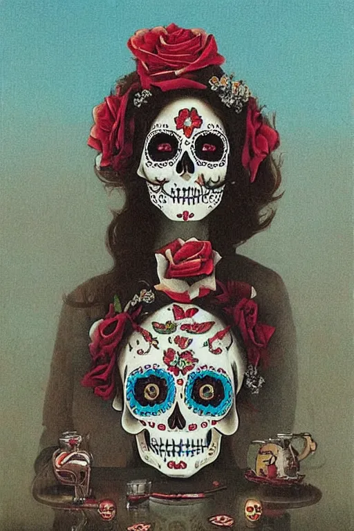 Prompt: illustration of a sugar skull day of the dead girl, art by michael sowa