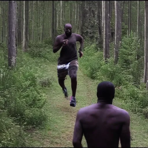 Prompt: trailcam footage of kanye west running in the forest
