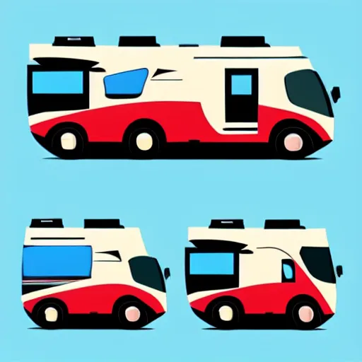 Image similar to very very very stylized minimal vector graphic of a thor chateau motorhome, hills and sunset!!, white background, all enclosed in a circle, dramatic, professional minimal graphic design cartoon