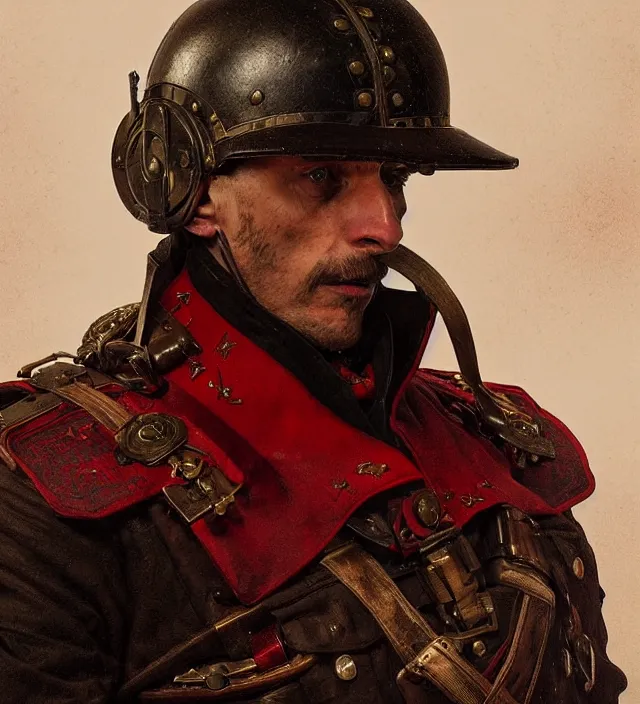 Image similar to portrait of a german man wearing a red and black traditional nineteenth century military jacket, metal shoulder pauldrons, highly detailed, digital painting, artstation, concept art, sharp focus, cinematic lighting, illustration, art by artgerm and greg rutkowski, alphonse mucha, cgsociety