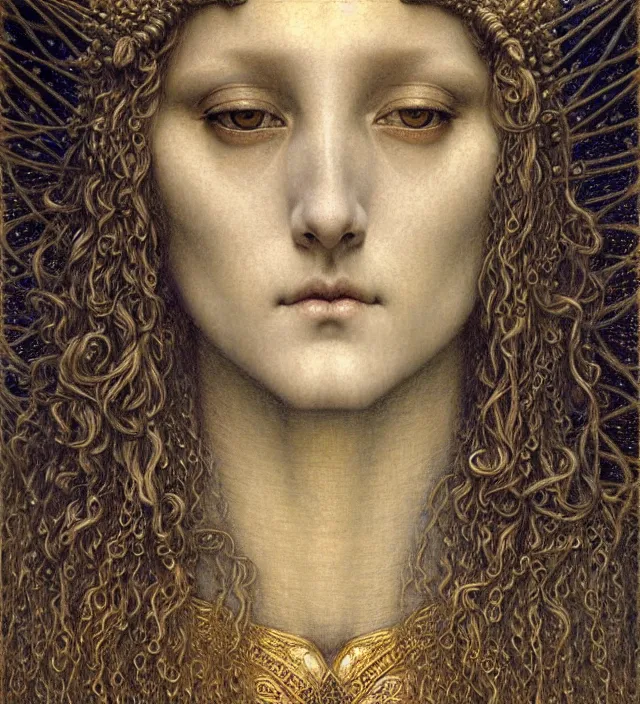 Image similar to detailed realistic beautiful young medieval queen face portrait by jean delville, gustave dore and marco mazzoni, art nouveau, symbolist, visionary, gothic, pre - raphaelite. horizontal symmetry