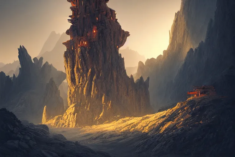 Image similar to futuristic castle built at the top of a high mountain of an alien planet, by federico pelat ruan jia calatrava, alienpunk, dramatic backlighting, golden hour at dusk, autochrome, film, highly detailed, sharp focus, digital painting, chiaroscuro, arnold 5, cgsociety, artstation,