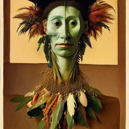 Image similar to portrait photo of a woman with Iroquois made from plant parts, Perfect face, extremely high details, realistic, by Giuseppe Arcimboldo, Edward Hopper, Rene Margitte