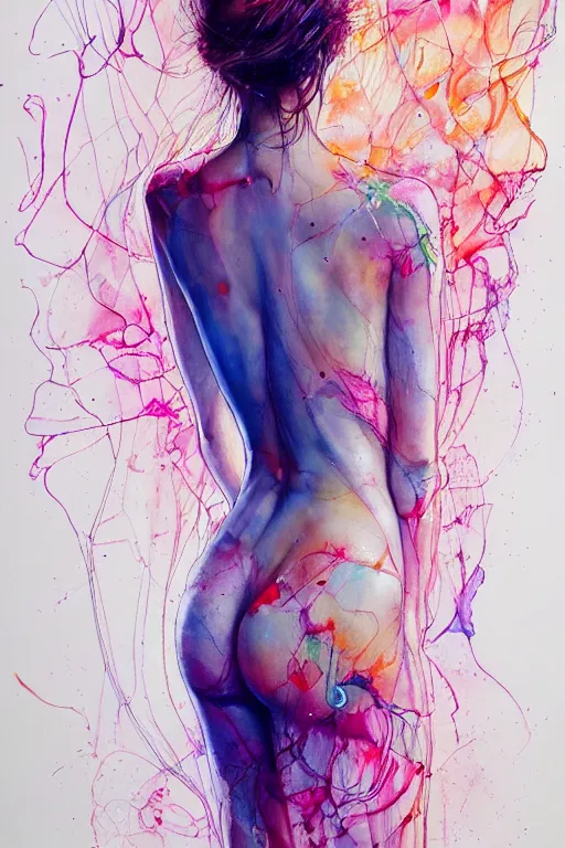 Prompt: sophia vergara by agnes cecile enki bilal moebius, intricated details, 3 / 4 back view, full body portrait, extremely luminous bright design, pastel colours, drips, autumn lights
