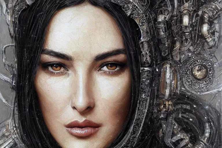 Image similar to a finely detailed portrait of Monica Bellucci, clothed in battle armor, olive skin, long dark hair, beautiful bone structure, symmetrical facial features, intricate, elegant, digital painting, trending on Artstation, concept art, smooth, sharp focus, illustration, from Metal Gear by Ruan Jia and Mandy Jurgens and Artgerm and and william-adolphe bouguerea, award winning