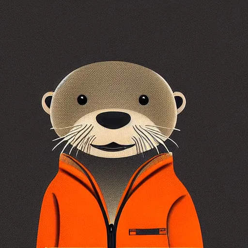 Image similar to an anthropomorphic otter wearing an orange jumpsuit facing a dark mist in a laboratory,dramatic,digital art,detailed