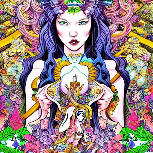 Image similar to NeoPagan Goddess of Spring, inside her temple, in a blended style by Junko Mizuno, Möbius, and Peter Chung, hyper detailed, 4k photorealistic digital art, flat colors, dramatic composition, extremely fine inking lines