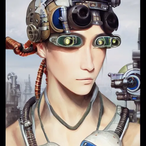 Image similar to portrait painting of a steampunk cyborg pilot, transhumanism, ultra realistic, concept art, studio ghibli, intricate details, eerie highly detailed