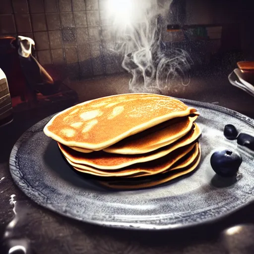 Prompt: i like to bake pancakes, cyberpunk style. realistic photograph in 4 k.