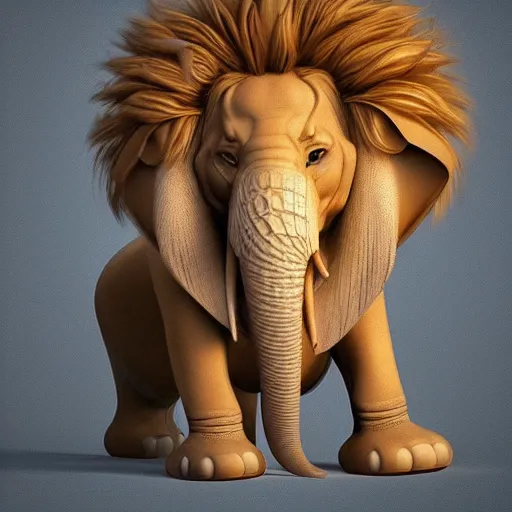 Prompt: a new creature that looks like a combination between an elephant and a lion, has a trunk and big ears yet also fur and a beautiful mane, very furry , concept art, trending on artstation 3D.