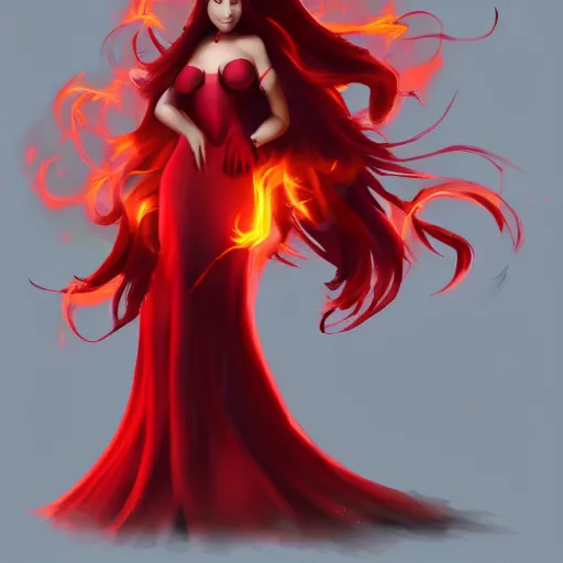 Image similar to a goddess with red hair and red dress with a fire aura, trending on artstation