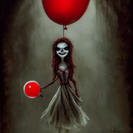 Prompt: grunge painting of creepypasta with a wide smile and a red balloon by chris leib, loony toons style, pennywise style, corpse bride style, horror theme, detailed, elegant, intricate, Atmospheric phenomenon, conceptual, volumetric light