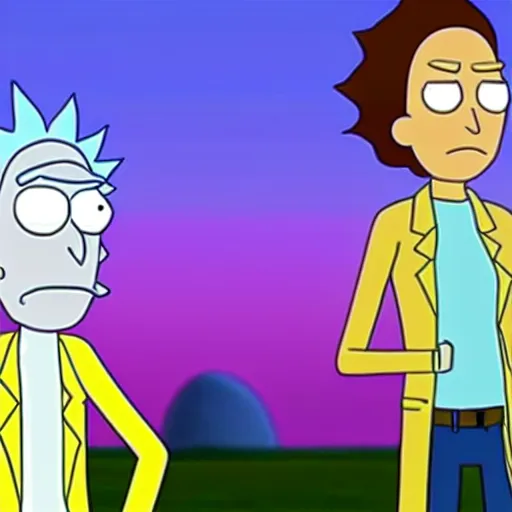 Prompt: an episode from rick and morty where rick surf on skate in the shape of morty