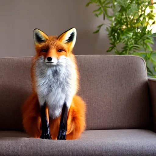 Prompt: an anthropomorphic fox wearing a t-shirt and leans, sitting on a couch