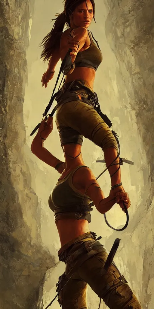 Image similar to Alicia Vikander as Lara Croft (tomb raider, 1996), full body portrait by Karol Bak, Syd Mead and Raphael Lacoste, rich colors, digital art