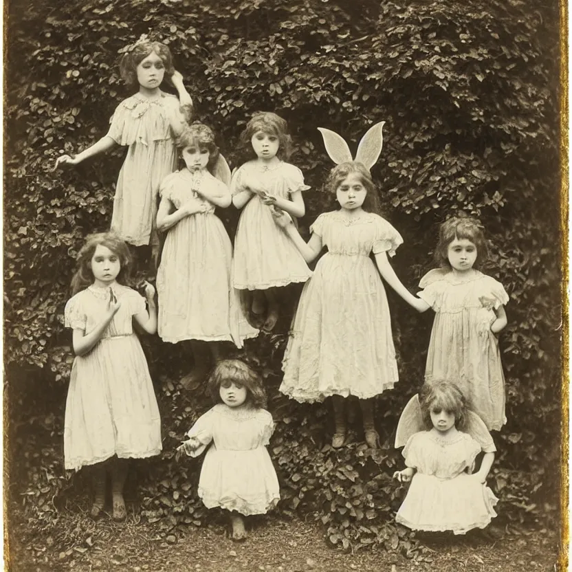 Prompt: early 1 9 0 0 s very detailed photograph of young children dressed as magical faeries, sharp focus daguerrotype, victorian, by robert adamson and david octavious hill and carl curman, masterpiece