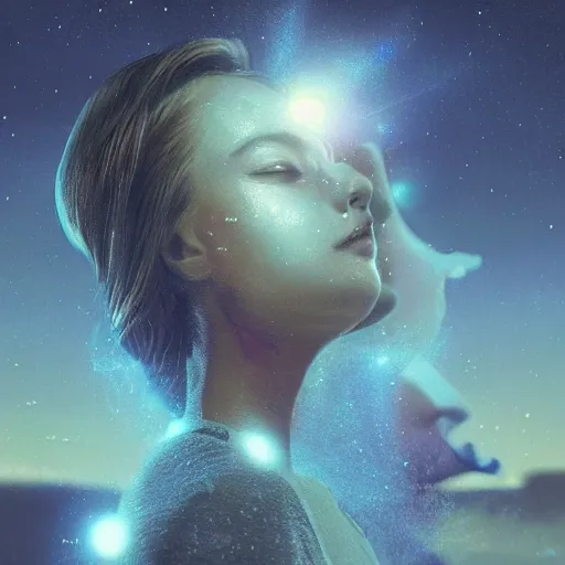 Prompt: sci - fi, close - up, 3 d, moon rays, night, sleepy fashion model face, cinematic, clouds, sun rays, vogue cover style, stars, blue mood, realistic painting, intricate oil painting, high detail illustration, figurative art, multiple exposure, poster art, 3 d, by tooth wu and wlop and beeple and greg rutkowski