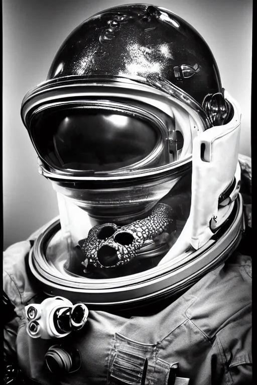 Image similar to extremely detailed studio portrait of space astronaut, alien tentacle protruding from eyes and mouth, slimy tentacle breaking through helmet visor, shattered visor, full body, soft light, plain studio background, disturbing, shocking realization, award winning photo by yousuf karsh