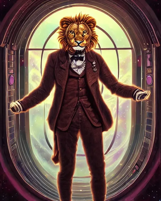 Image similar to anthropomorphic art of a timelord lion inside tardis, victorian inspired clothing by artgerm, victo ngai, ryohei hase, artstation. fractal papersand books. highly detailed digital painting, smooth, global illumination, fantasy art by greg rutkowsky, karl spitzweg, doctor who