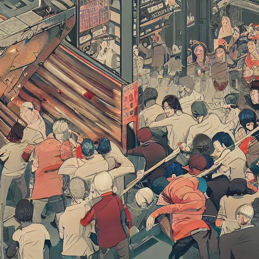Prompt: people fighting inside a graphic design studio, illustration, kastuhiro otomo, high detail, 4 k