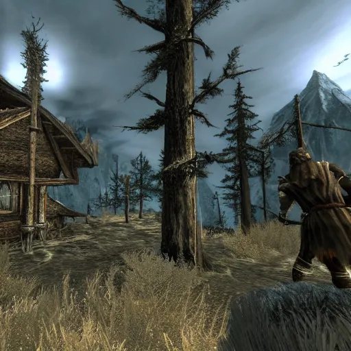 Prompt: The world of Skyrim in Playstation 1 graphics