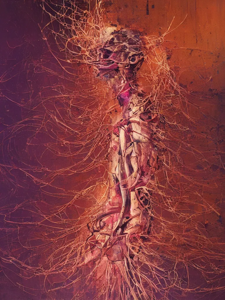 Image similar to a beautiful glitched painting by robert proch and emilio pettoruti of an anatomy book picture of the human nervous system on matrix wallpaper, color bleeding, pixel sorting, copper oxide and rust materials, brushstrokes by jeremy mann, dramatic lighting, pastel purple background