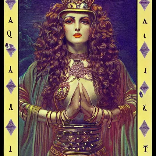 Prompt: Queen of Diamonds tarot full card by Ken Kelly, Gustave Dore, Roy Thomas