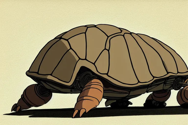 Image similar to a study of a cell shaded cartoon of a beige mechanical tortoise from howl's moving castle ( 2 0 0 4 ), at a gas station, full body, wide shot, very muted colors, post grunge, studio ghibli, laurie greasley, highly detailed, deviantart, art by artgem