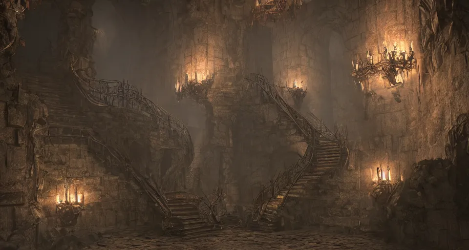 Image similar to an infinitely long wretched winding crooked staircase leading down into the depths of hell, trending on artstation, doom eternal, dark souls, unreal engine, gothic, atmospheric