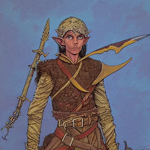 Image similar to Kethlan the elven desert bandit. Epic portrait by james gurney and mœbius.