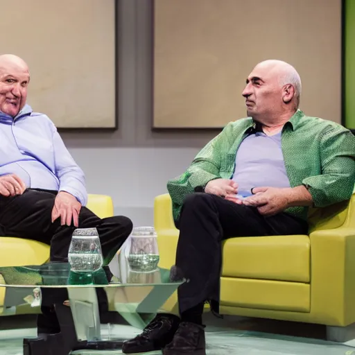 Image similar to mid white hair old man with green shirt and white short, sitting in shark tank with kevin o'leary