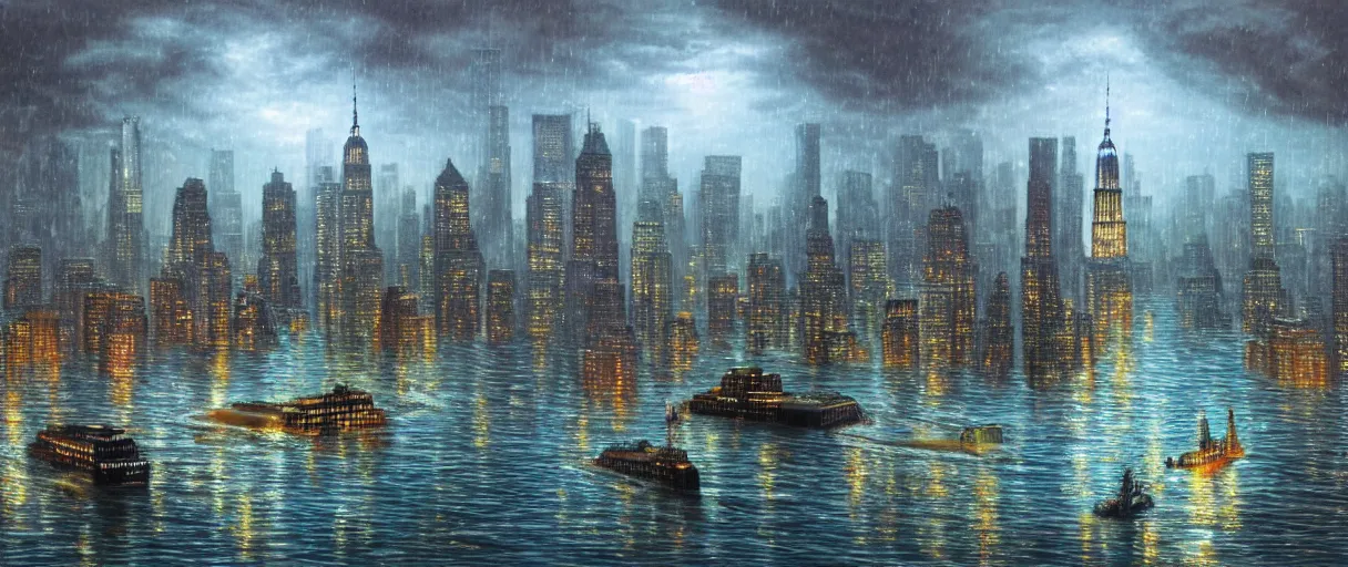 Prompt: new york city with cruising ship sailing at raining night at flooded miniature city, godrays, god helping mystic soul by yoshitaka amano, and artgerm, gediminas pranckevicius