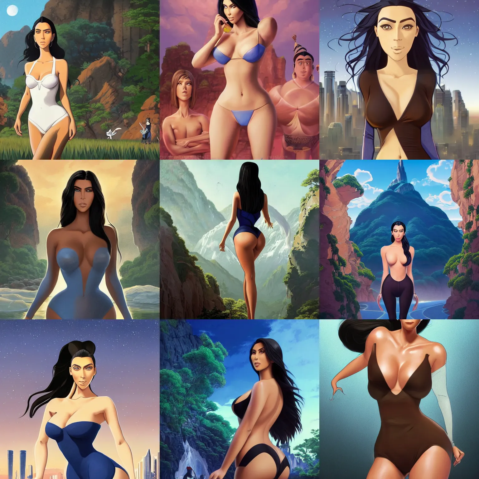 Prompt: full body cartoon render painting of a strikingly gorgeous assiniboine and mandan kim kardashian with blue eyes and long dark brown hair, wearing a revealing suit, outside urban background, rossdraws, studio ghibli, norman rockwell, emiliano ponzi, epic composition, hd, octane, unreal engine, volumetric lighting, light rays, masterpiece, award - winning