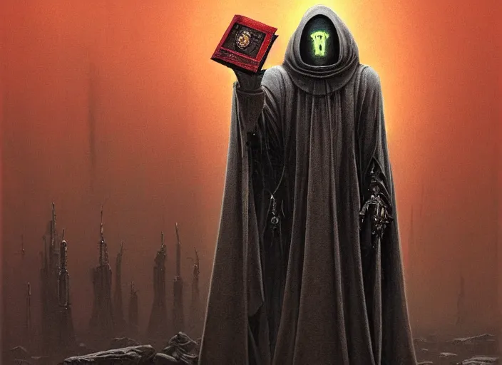 Prompt: a gloomy potrait of cloaked tech priest holding a book, Adeptus Mechanicus!!!, cybernetic enhancements, praise the omnissaiah, Zdzislaw Beksinski, Lewis Jones, mattias adolfsson, Warhammer 40K!!, cold hue's, warm tone gradient background, concept art