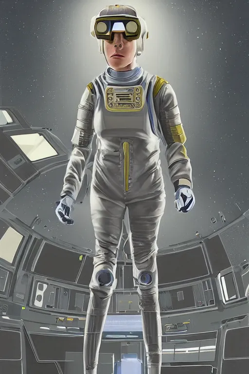 Prompt: a beautiful painting of a stoic heroic blonde butch tomboy woman engineer with very short hair, as a futuristic space engineer, wearing round brass dark goggles, seen standing in the grey interior of a space ship. earthy colours, highly detailed, dim strip lighting, digital art by bean, alan and embleton, ron