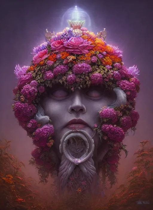 Image similar to helmet of a forgotten deity made of flowers, in the style of tomasz alen kopera and fenghua zhong and peter mohrbacher, mystical colors, rim light, beautiful lighting, 8 k, stunning scene, raytracing, octane, trending on artstation