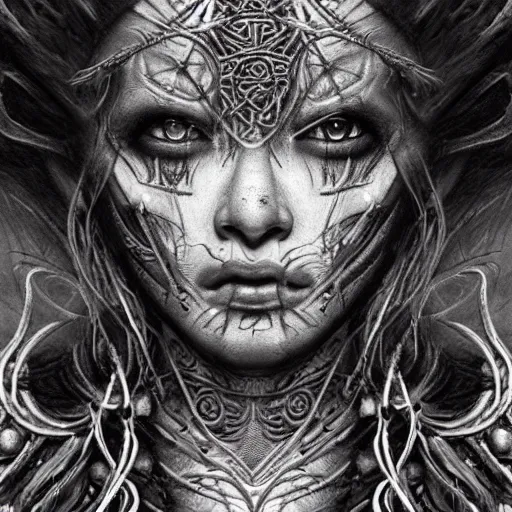 Prompt: Closeup of realistic asian Sumerian Death Goddess chalk skin etched with runic icons + mystical symbols, with small bleached bones covering vest and flowing electricity and smoke , fantasy, intricate, elegant, highly detailed, digital painting, artstation, concept art, matte, sharp focus, illustration, ghostbusters poster, art by Artgerm and peter mordenbacher