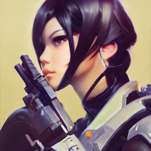 Image similar to greg manchess portrait painting of yorha no. 2 type b as overwatch character, medium shot, asymmetrical, profile picture, organic painting, sunny day, matte painting, bold shapes, hard edges, street art, trending on artstation, by huang guangjian and gil elvgren and sachin teng