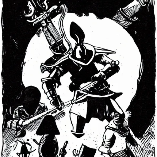 Prompt: A rabbit knight. Dark Fantasy, Film Noir, Black and White. High Contrast, Mike Mignola, D&D, OSR