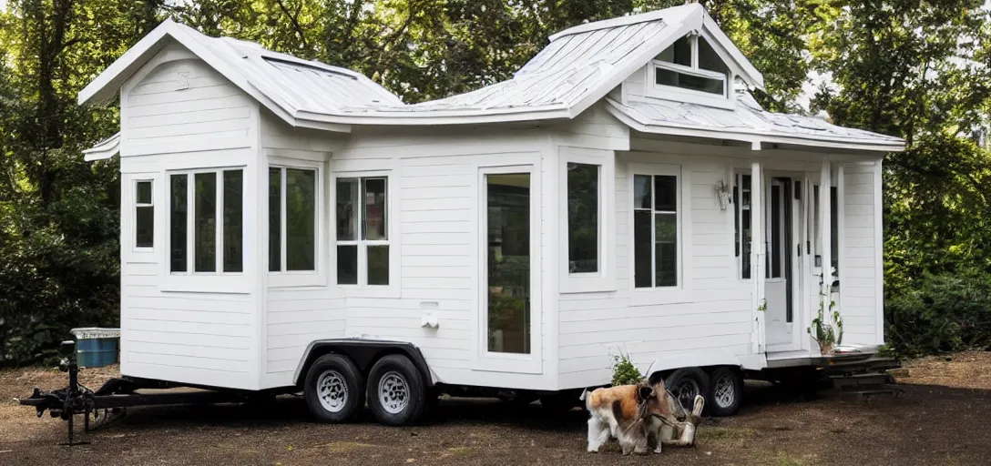 Prompt: mughal - style white ivory tiny home on trailer with minarets in portland, oregon