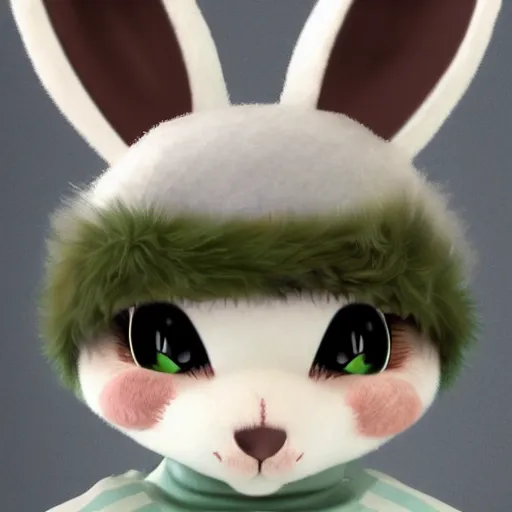 Image similar to little anthropomorphic bunny, green eyes, light brown fur, grey hair, wlop