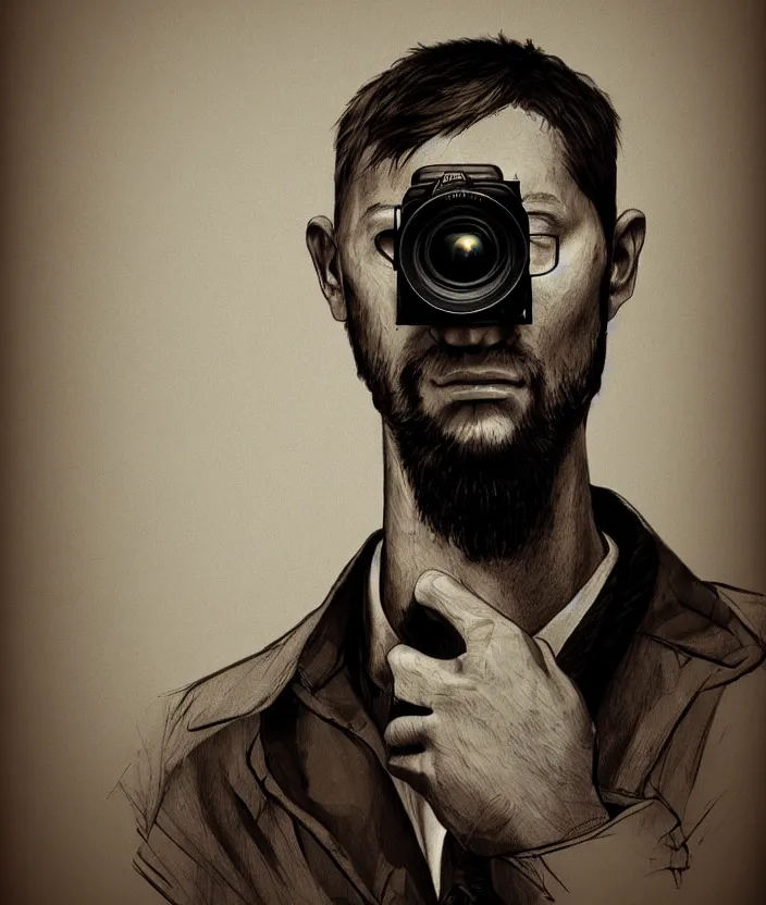 Prompt: man with camera for a head, hyper realism, fine details, concept art, digital art, deviantart artstation, very sharp, in the style of john pound,