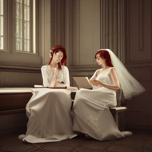 Prompt: Two beautiful brides studying mathematics together, hyperrealistic, highly detailed, depth of field, High definition, 8k, octane render, artstation