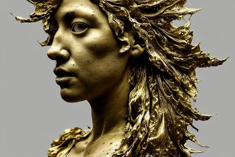 Prompt: a sculpture of a person with flowing golden tears, fractal flowers on the skin, a marble sculpture by nicola samori, behance, neo - expressionism, marble sculpture, apocalypse art, made of mist