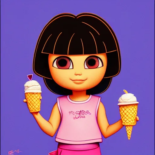 Prompt: dora the explorer as real girl holding ice cream, detailed, intricate complex background, Pop Surrealism lowbrow art style, mute colors, soft lighting, by Mark Ryden, artstation cgsociety