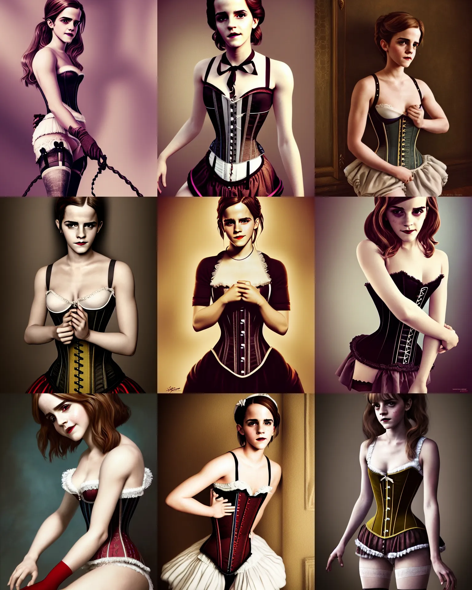 Prompt: full shot portrait painting of very beautiful emma watson posing as maiden in stockings corset home submissive, character design by mark ryden and pixar and hayao miyazaki, unreal 5, daz, hyperrealistic, octane render, cosplay, rpg portrait, dynamic lighting, intricate detail, cinematic, pinup