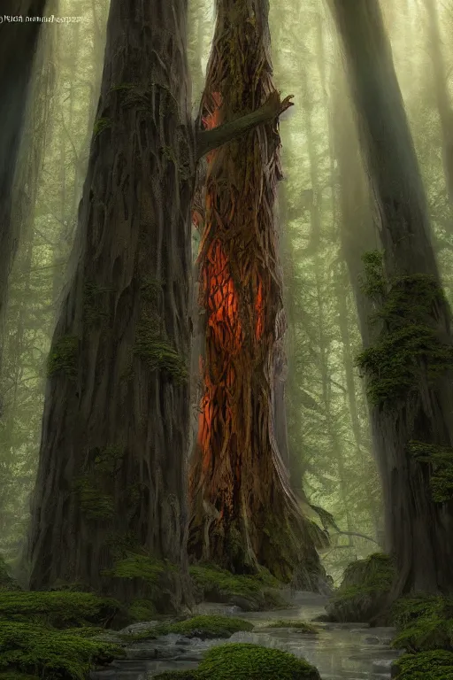 Image similar to In some of the column carved with Norse gods there is a huge glowing redwood, light filtering through the gaps in the leaves, Sparkling in the flowing creek, Tyndall effect, hone finished, concept art, fantasy, gothic cathedral, light through the mist, dramatic lighting, photorealistic, cinematic lighting, high detail, cinematic feel, high octane, 4K, Unreal Engine, digital render, intricate, ultra realistic, crepuscular ray, low angle, superwide shot, lunapunk