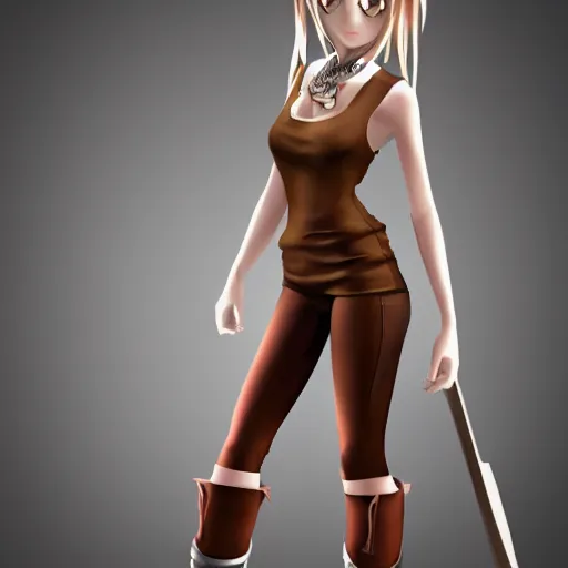 Prompt: 3d anime girl, wearing a tanktop, perfect body, wearing brown boots, long brown hair, gorgeous face, silver necklace, high quality anime art, trending on artstation