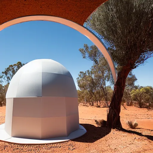 Prompt: robotic 3d printer printing a domed house frame in the australian desert, supervised by a group of three women, XF IQ4, 150MP, 50mm, F1.4, ISO 200, 1/160s, dawn