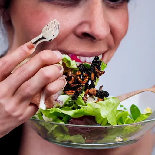 Prompt: a woman eating a salad made entirely of insects. close up photograph.